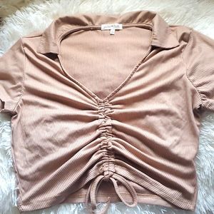 Ultra Flirt Beige Ruched Front Crop Top, Women, Size XL